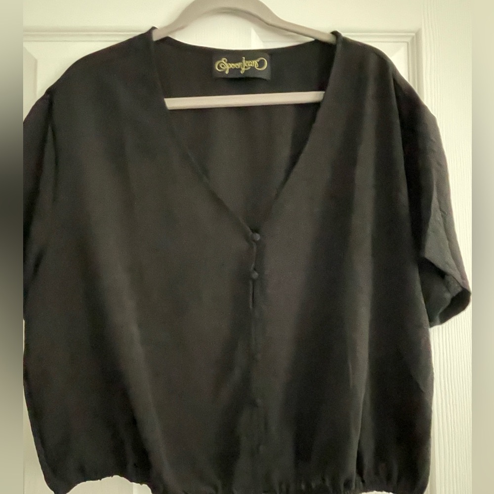 Black cropped button down short sleeve top